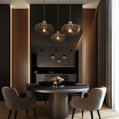 A sophisticated, contemporary dining room with elegant lighting and luxurious furnishings.